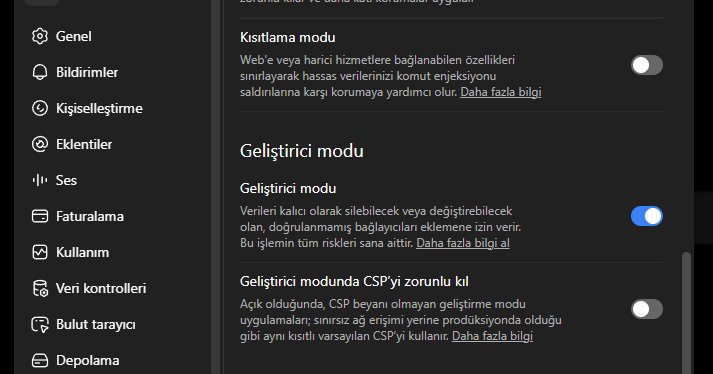 Geliştirici modu anahtarı açık konumda